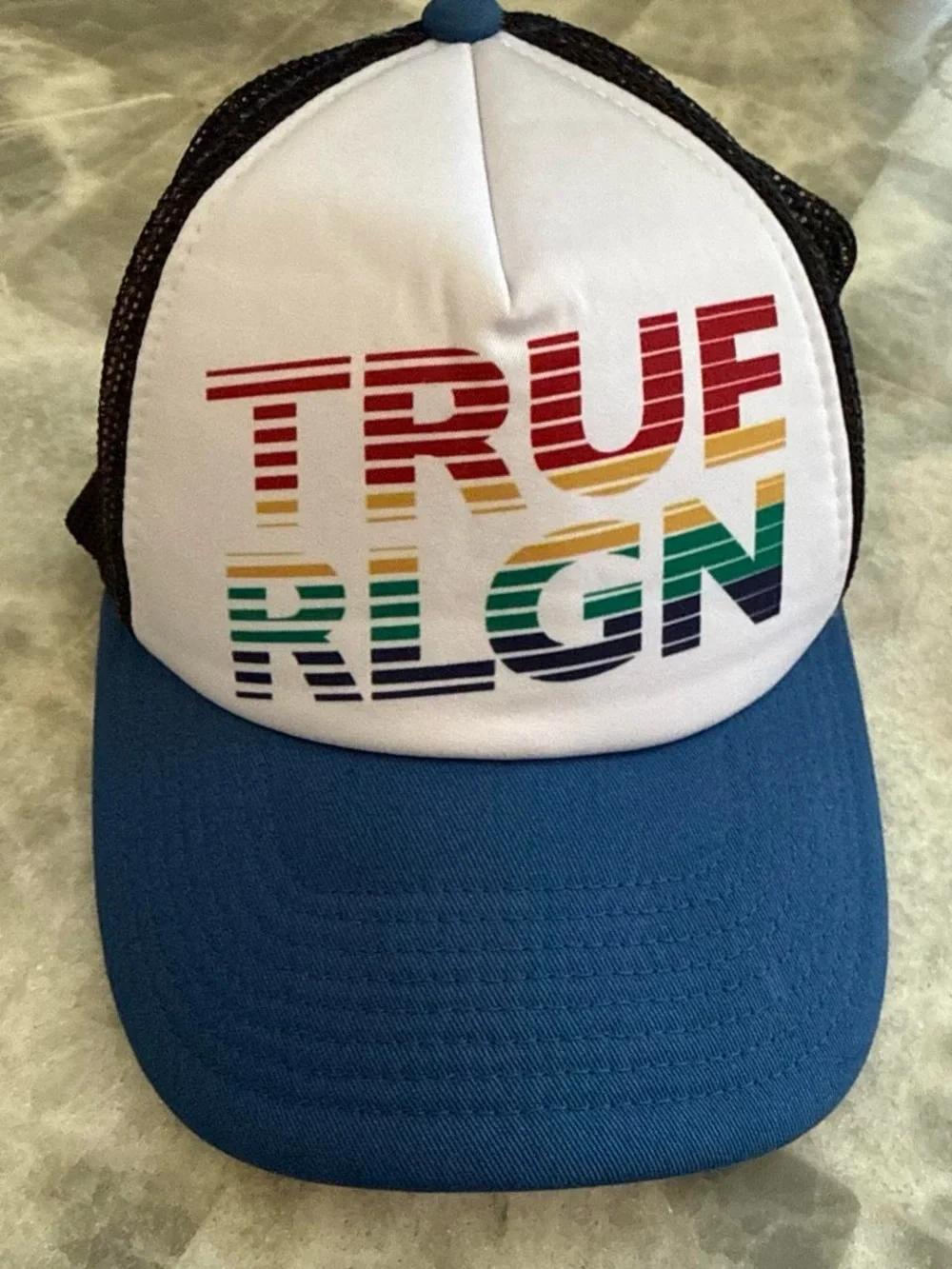 New True Religion White & Blue 🌈 Trucker Hat with Rainbow Logo